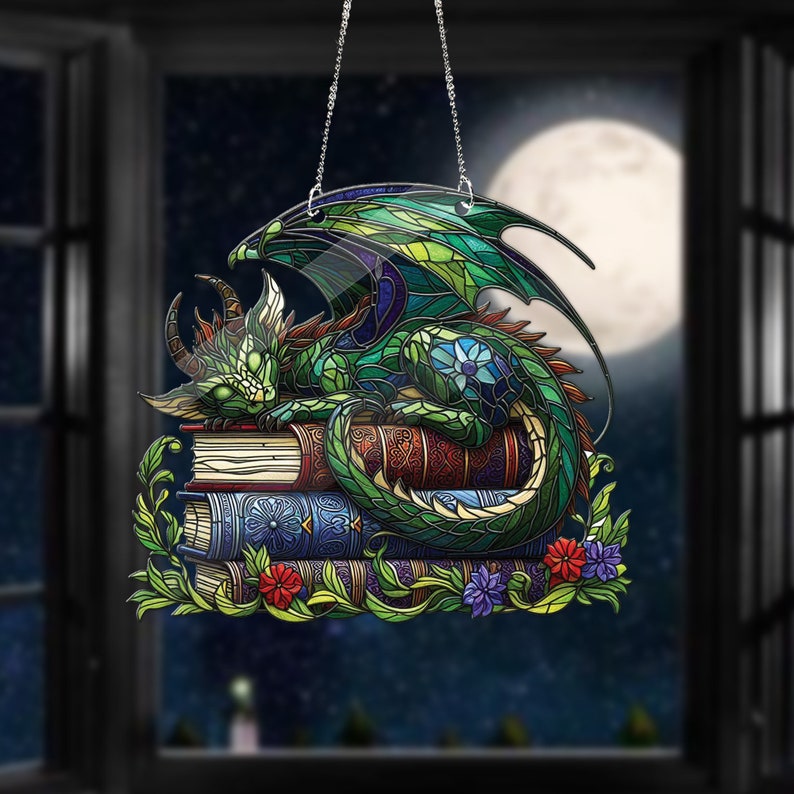 ACRYLIC Dragon Sleep Over Books Window Hanging