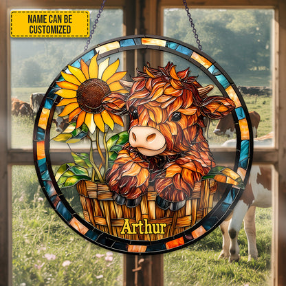 Personalized Highland Cow With Sunflower Stained Glass Suncatcher