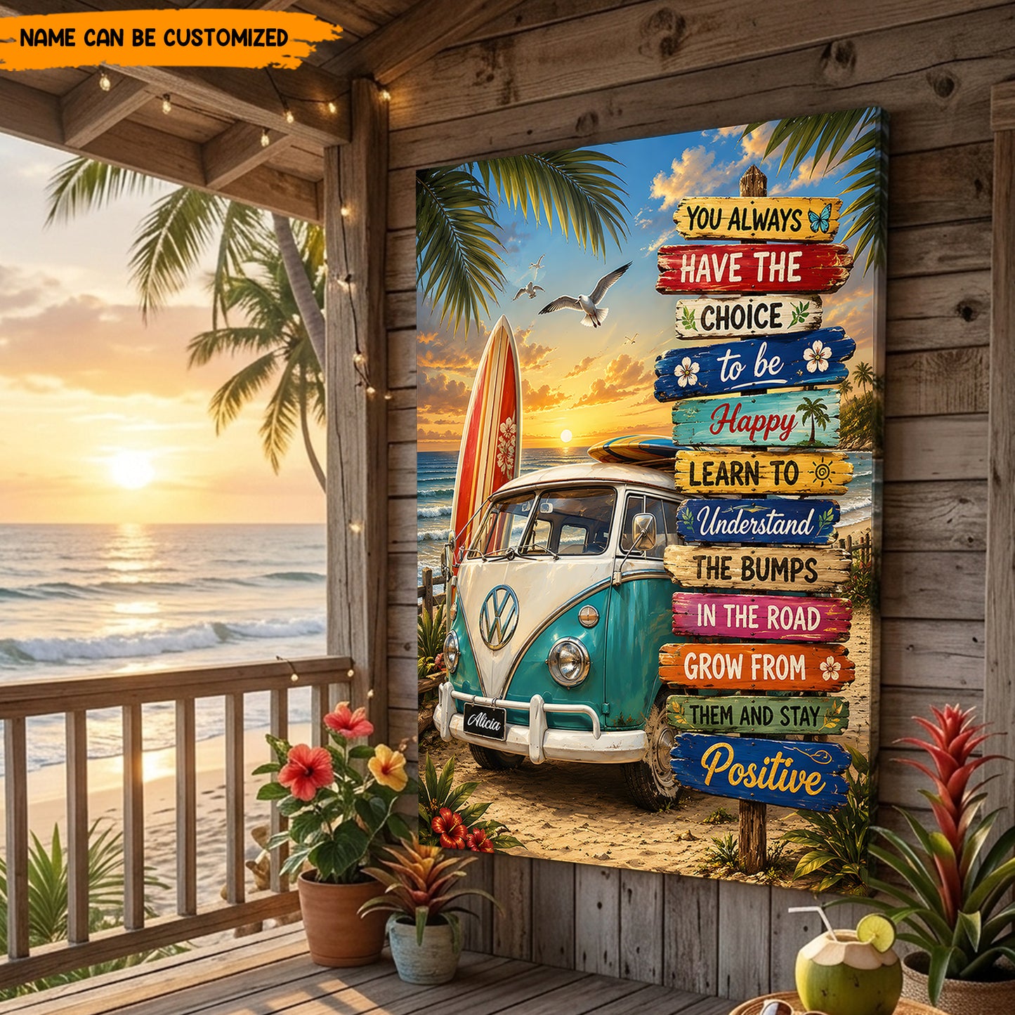 Positive Beach Hippie Van  – Personalized Poster Canvas