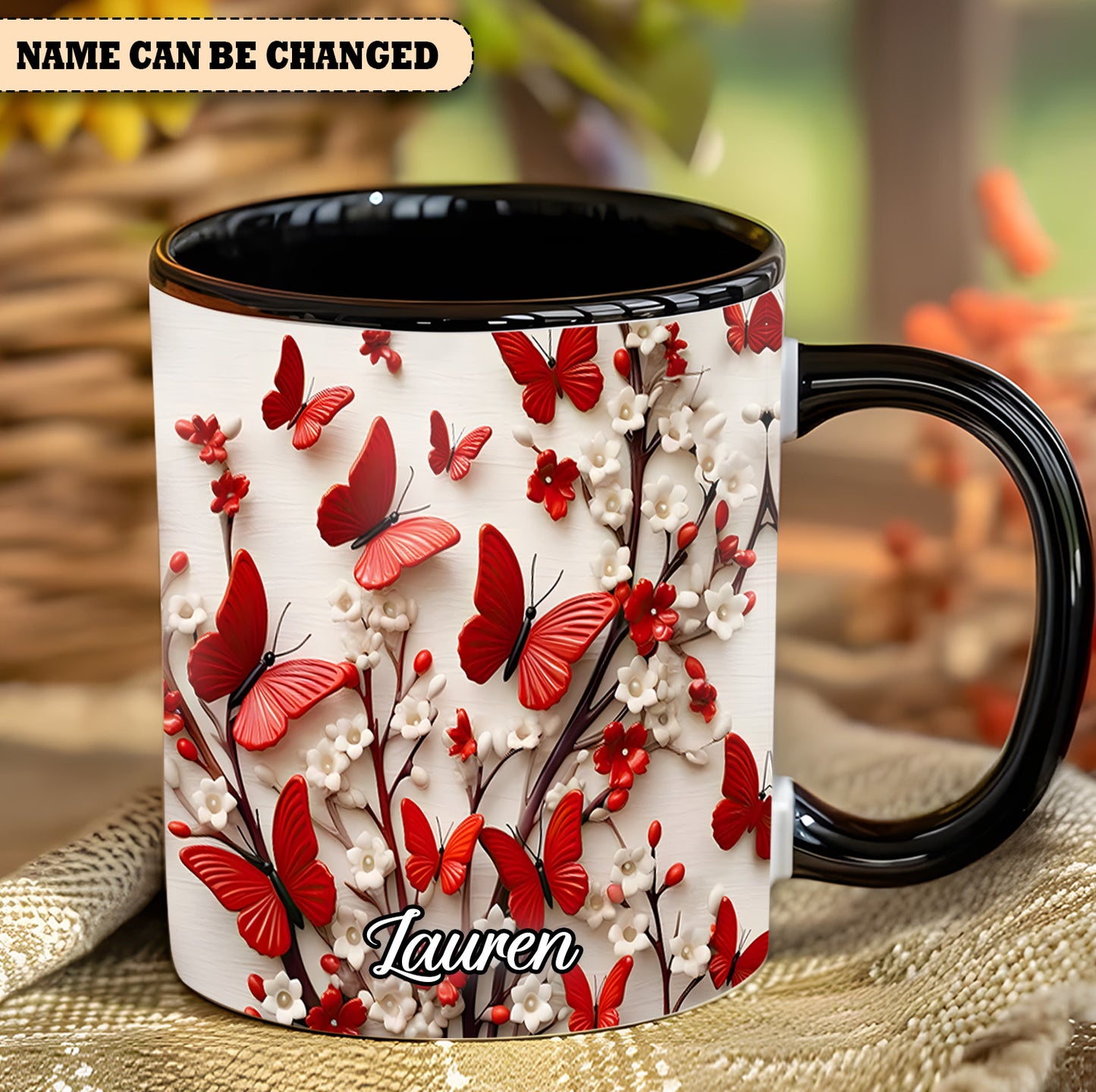 Red White Butterfly Flowers Accent Mug - Personalized  Accent Mug