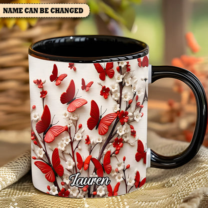 Red White Butterfly Flowers Accent Mug - Personalized  Accent Mug