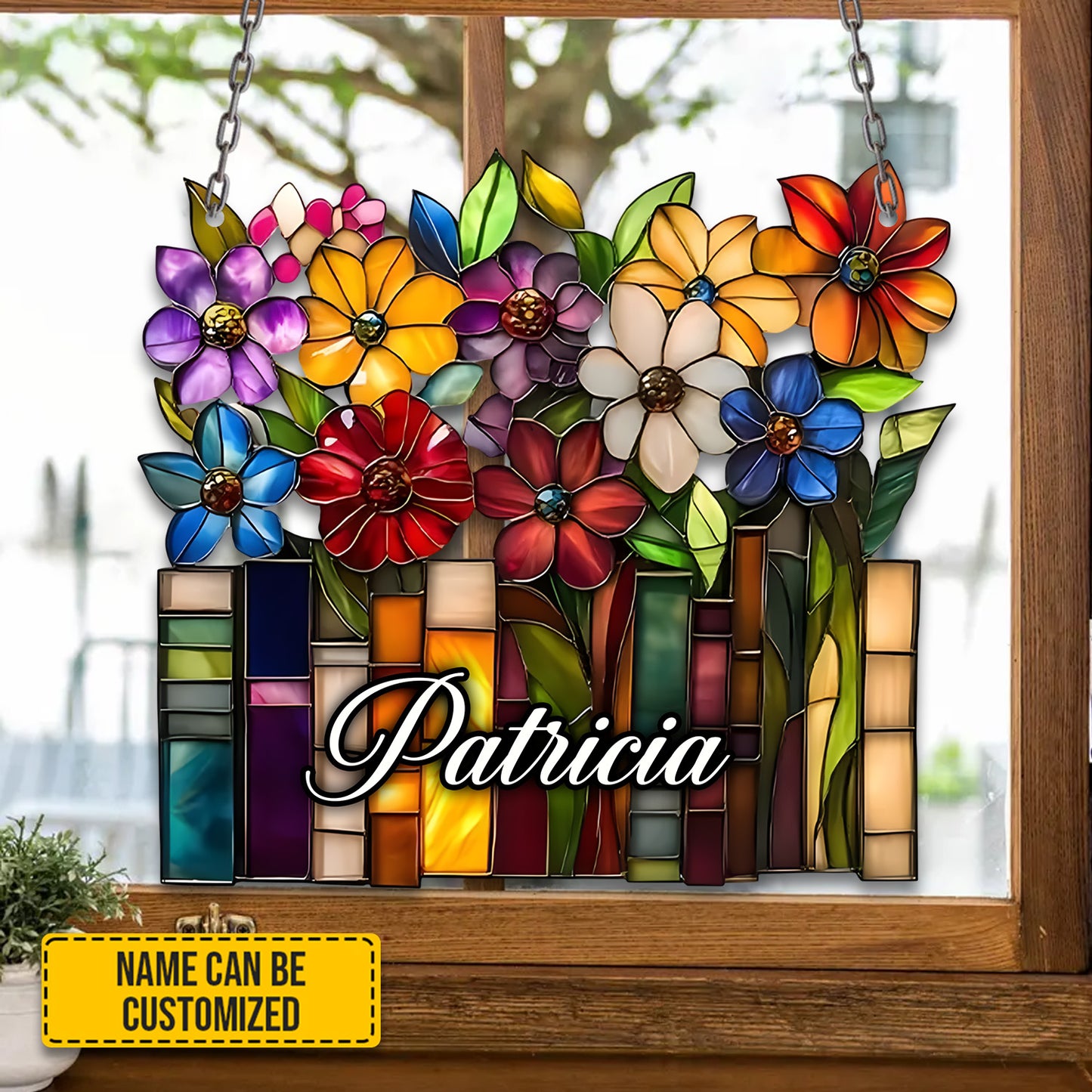 Personalized Books With Flowers Window Hanging Acrylic