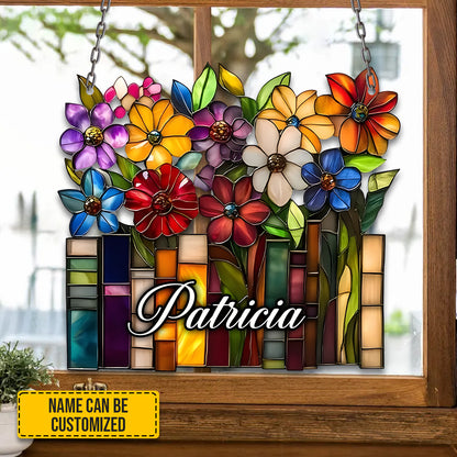Personalized Books With Flowers Window Hanging Acrylic