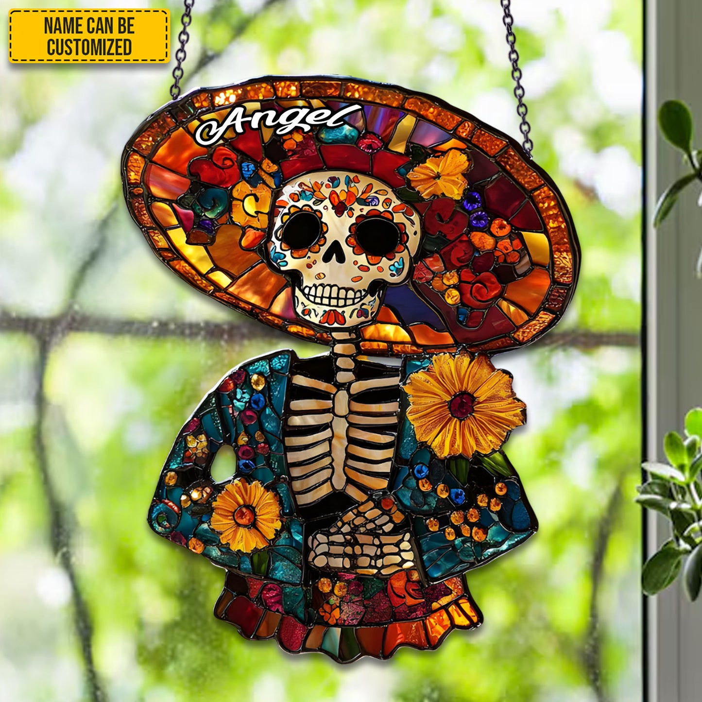 Day of the Dead - Personalized Stained Glass Skeleton Suncatcher