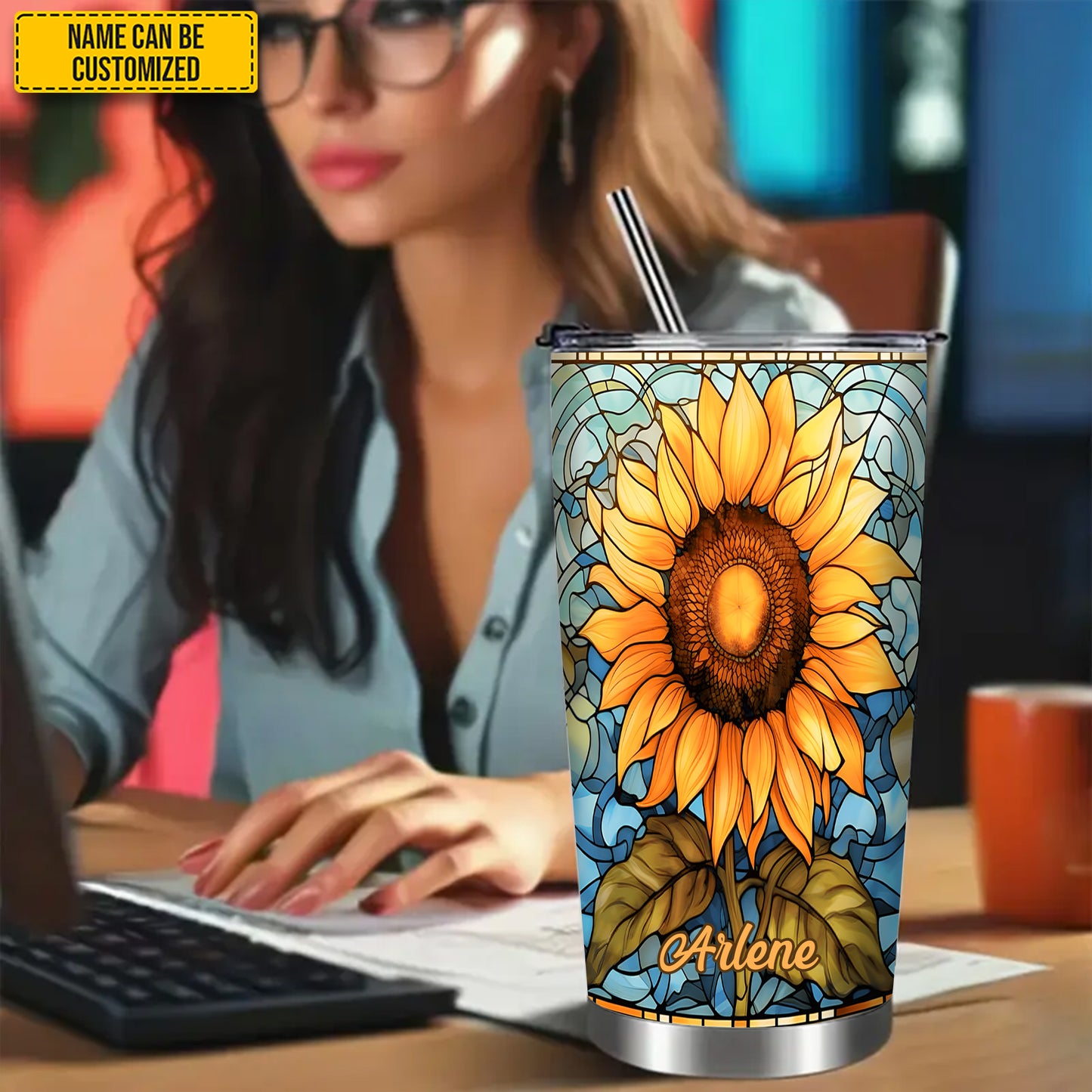Personalized Stained Glass Sunflower Tumbler