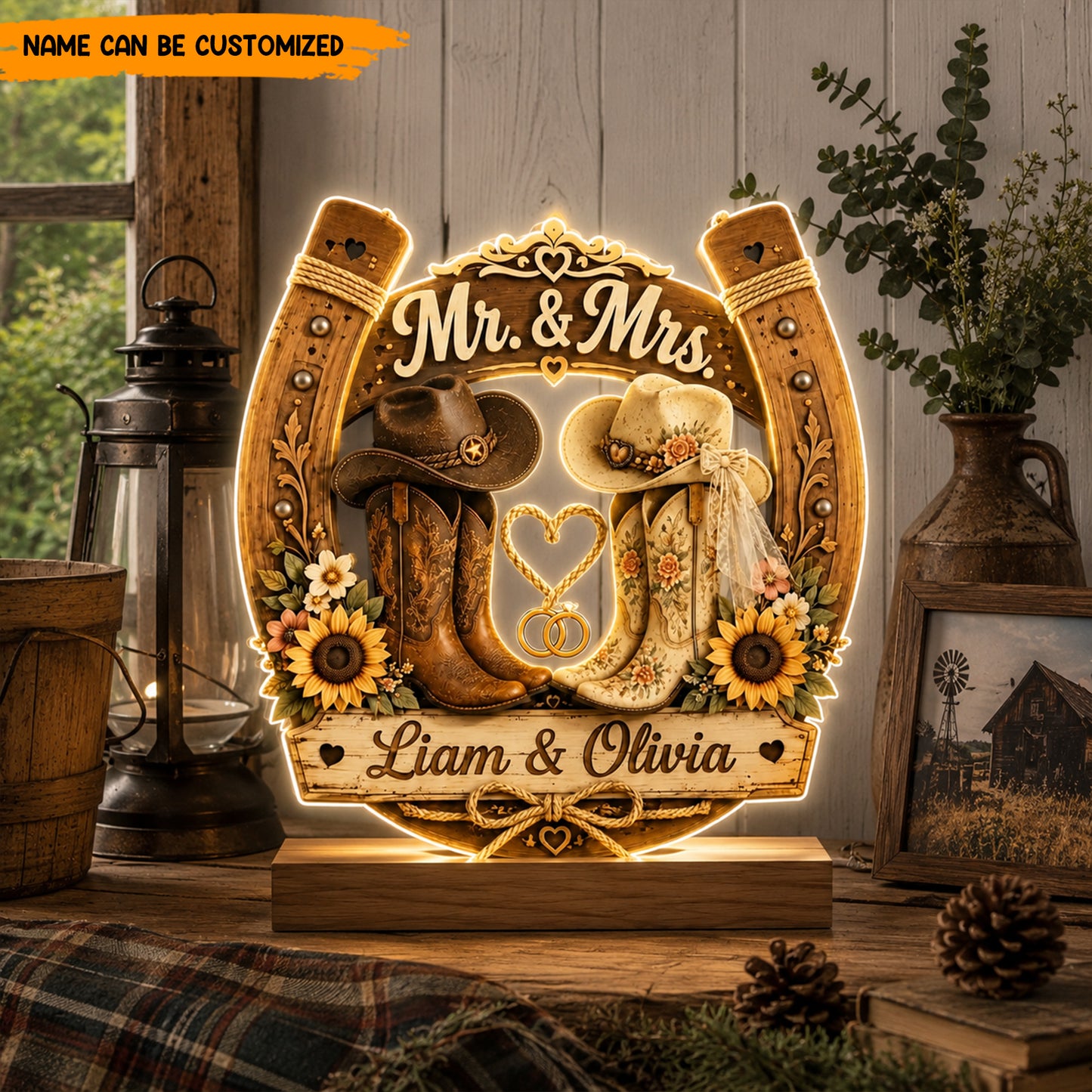 Personalized Western Wedding Acrylic Light box, Cowboy Boots Couple Decor