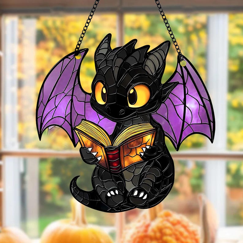 Reading Book Dragon Acrylic Window Hanging