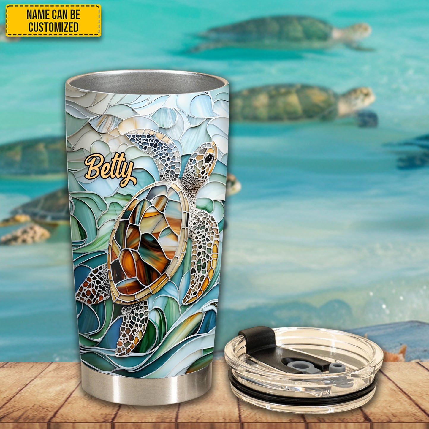Turtle & Ocean Stained Glass - Personalized Turtle Tumbler