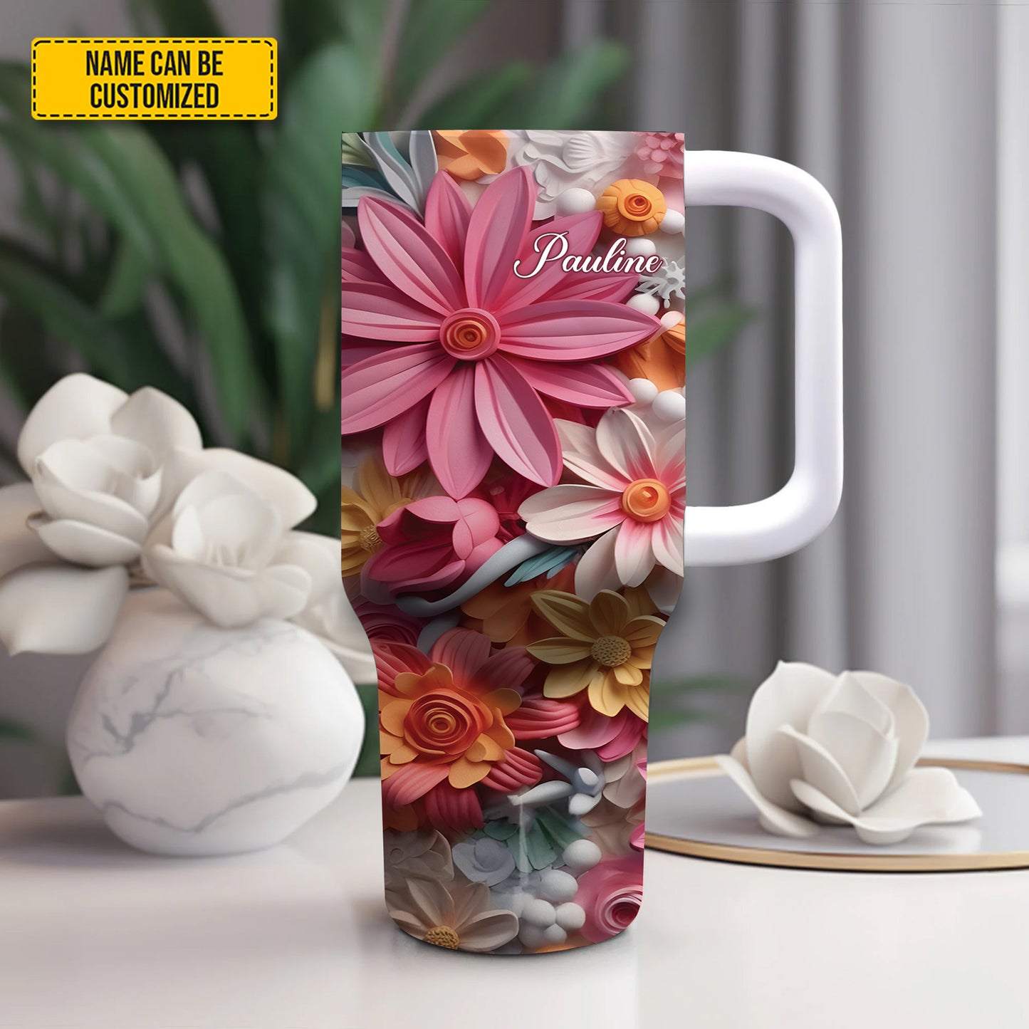 Colorful Flowers - Personalized Tumbler With Handle 40oz