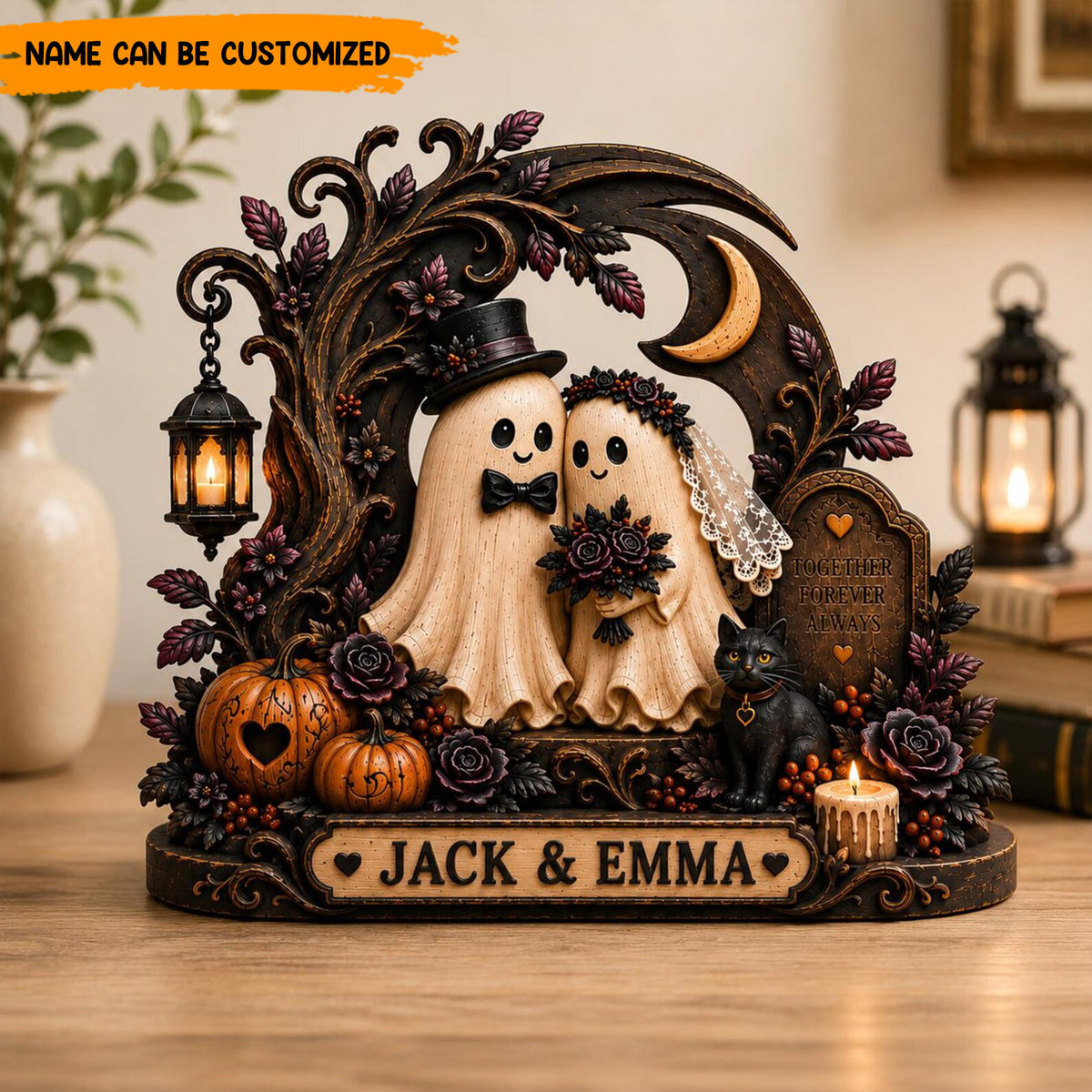 Personalized Cute Ghost Couple Wooden Block Sign – Custom Halloween Wedding Decor