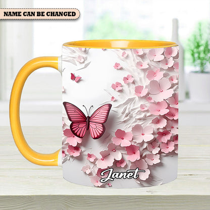 Pink Butterfly With Flowers - Personalized Butterfly Accent Mug