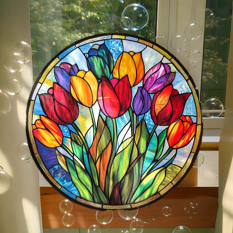 Colorful Tulips Acrylic Hanging – Vibrant Window Hanging Decoration