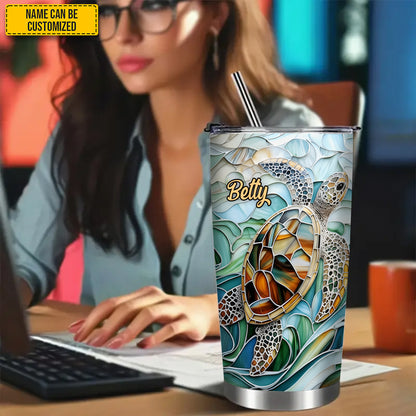 Turtle & Ocean Stained Glass - Personalized Turtle Tumbler