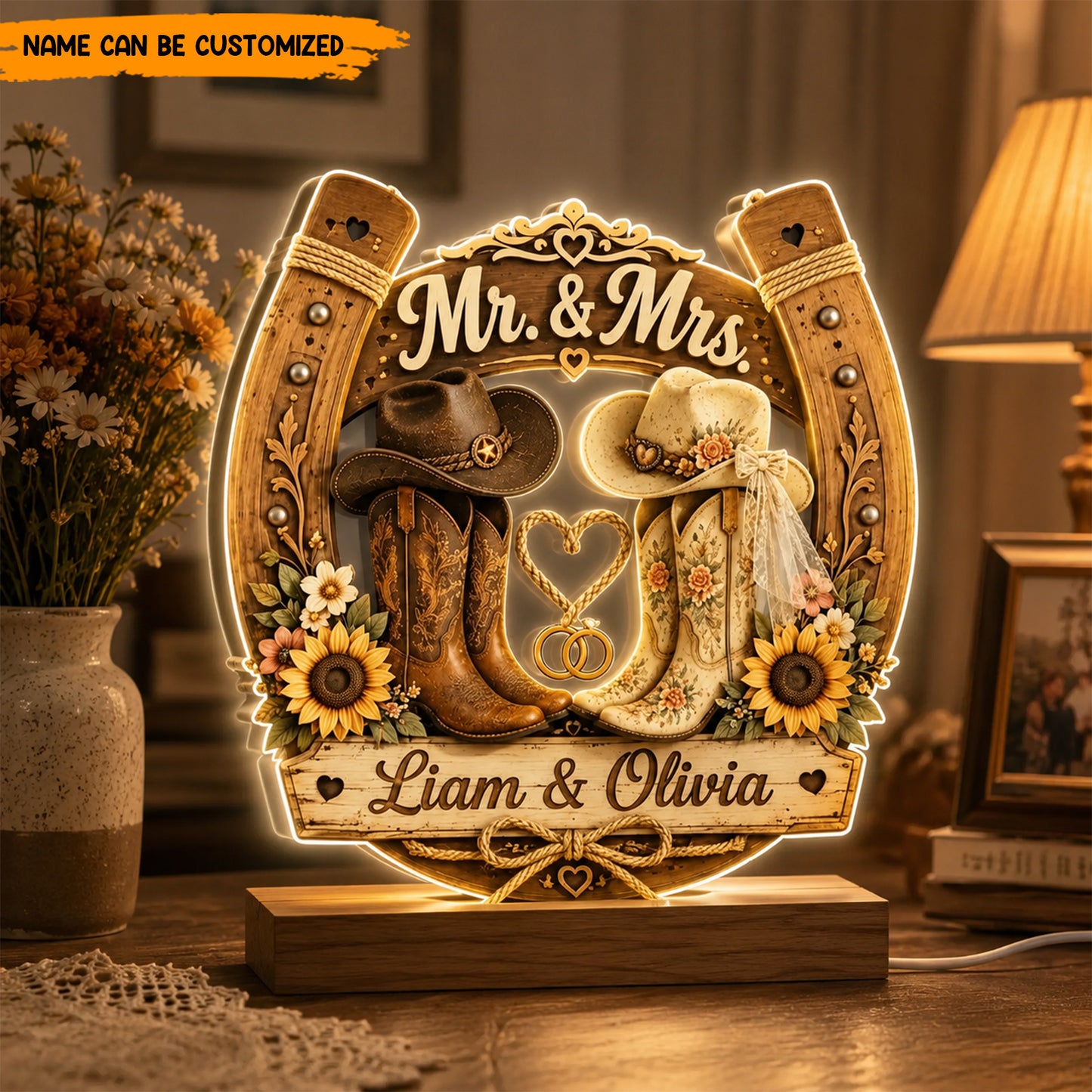 Personalized Western Wedding Acrylic Light box, Cowboy Boots Couple Decor