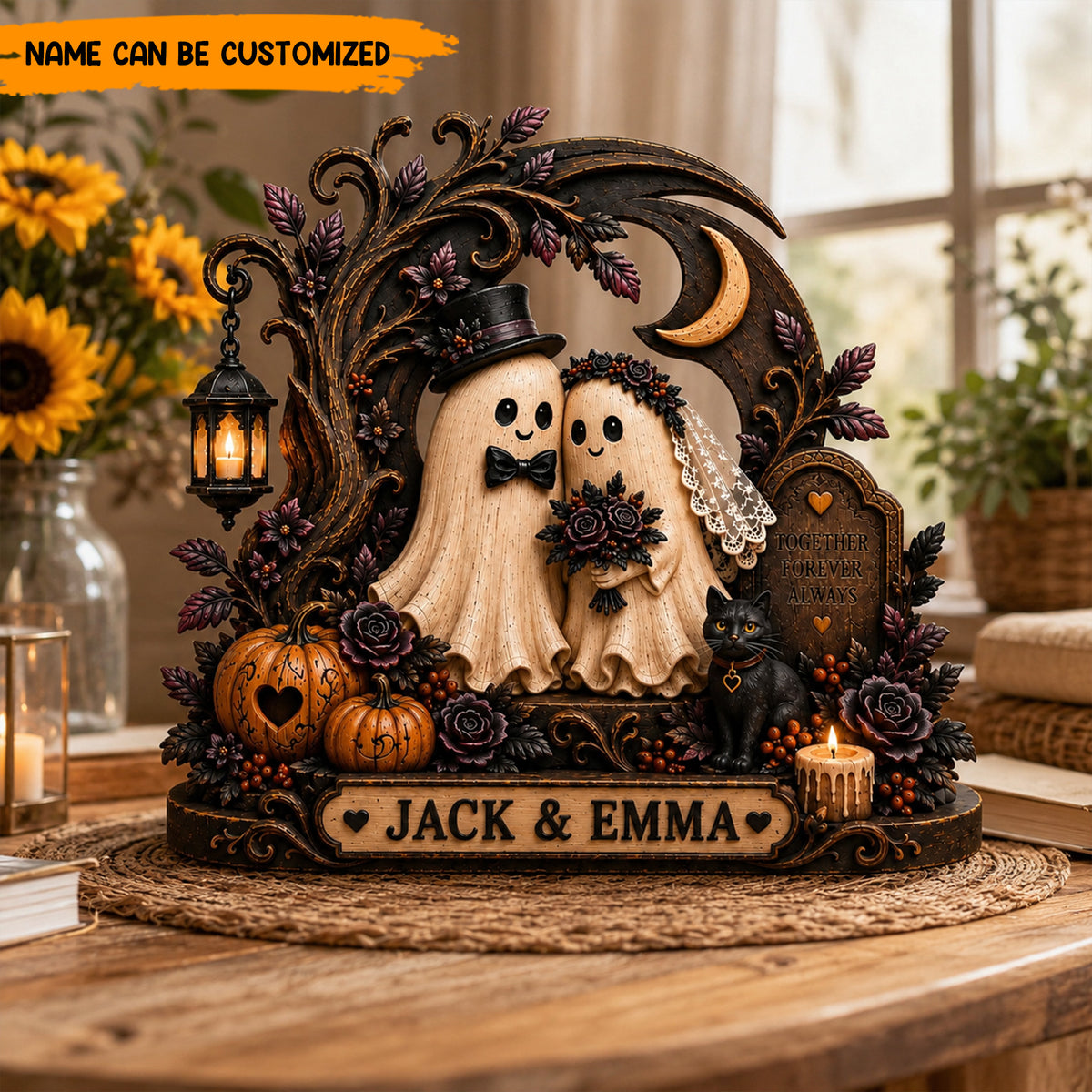 Personalized Cute Ghost Couple Wooden Block Sign – Custom Halloween Wedding Decor