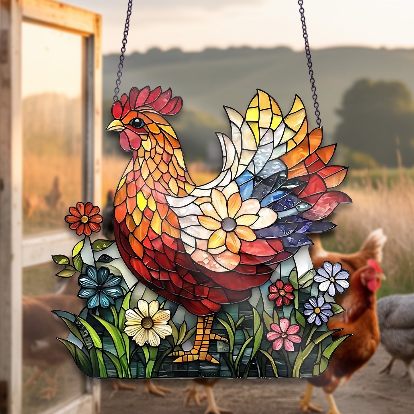 Chicken Flower Suncatcher - Personalized Shape Stained Glass Suncatcher