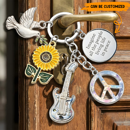 Imagine All The People Living Life In Peace - Hippie Keychain With Charms