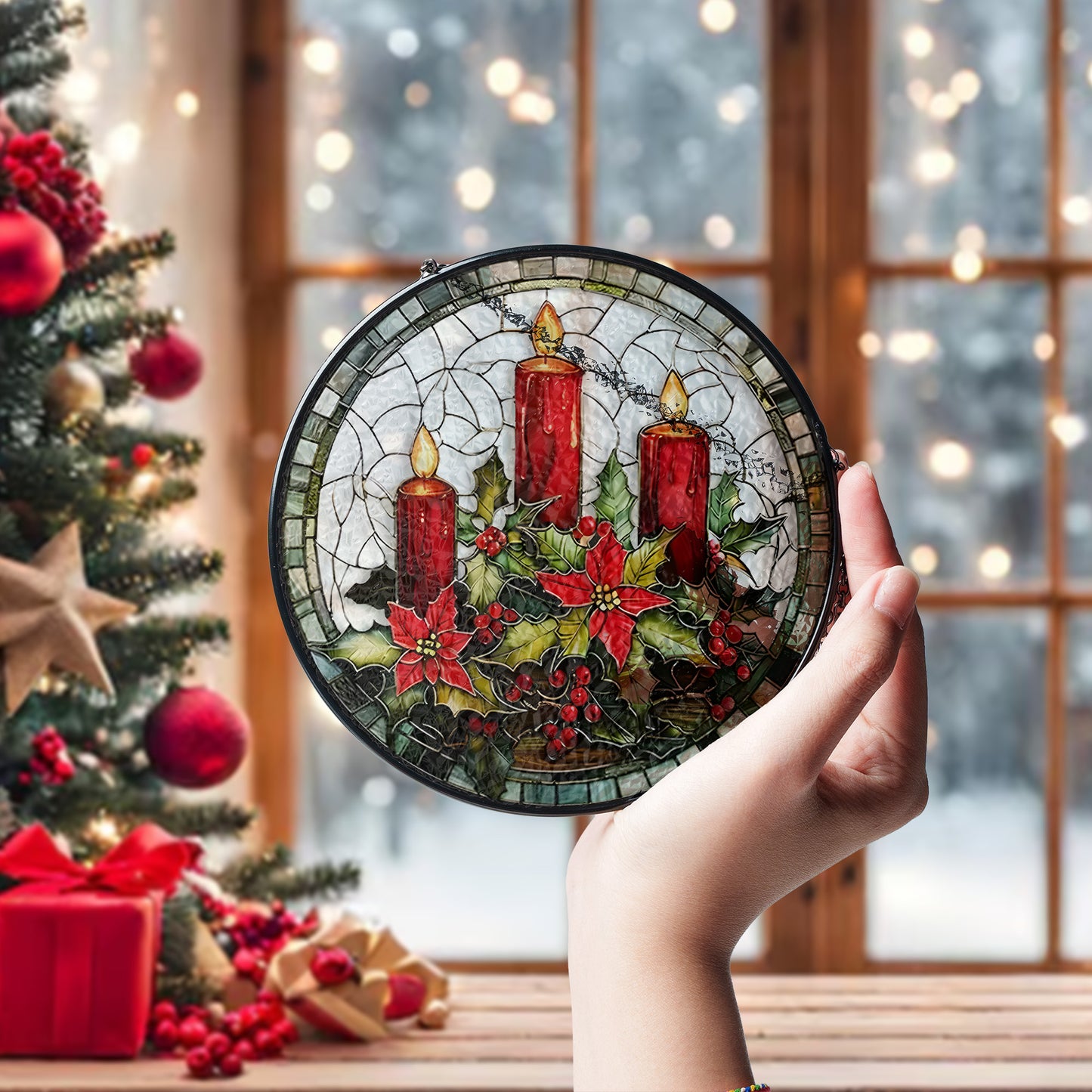 Christmas Tree & Candle Stained Glass Suncatcher