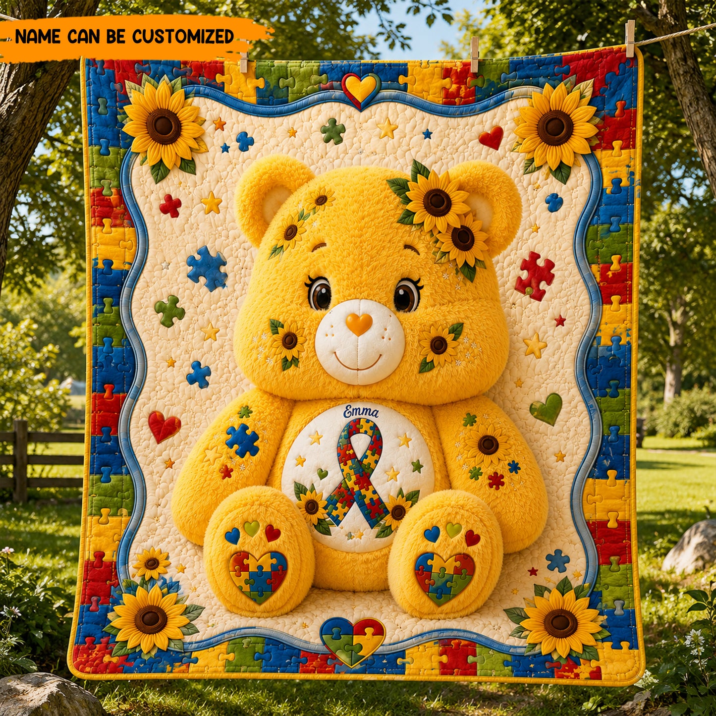Personalized Autism Sunflower Bear Blanket