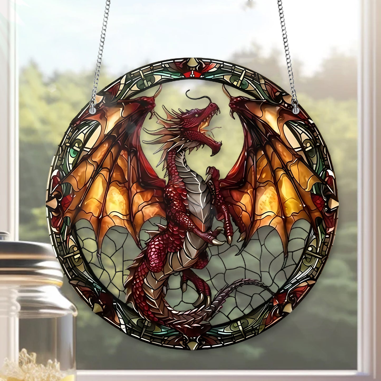 Fantasy Red Dragon Stained Glass Window Hanging