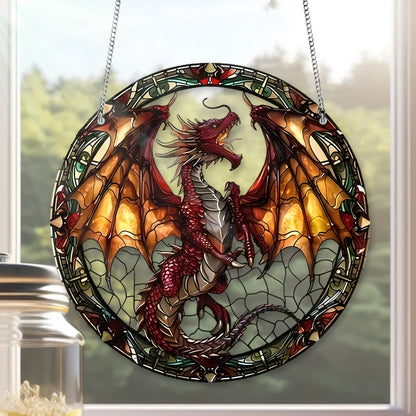 Fantasy Red Dragon Stained Glass Window Hanging