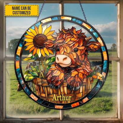 Personalized Highland Cow With Sunflower Stained Glass Suncatcher