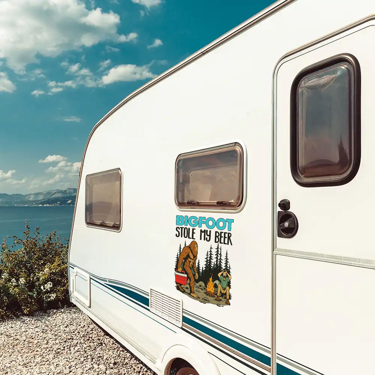 Bigfoot Stole My Beer - Funny Bigfoot Decal, Camper Decal, RV Decal, Happy Camper