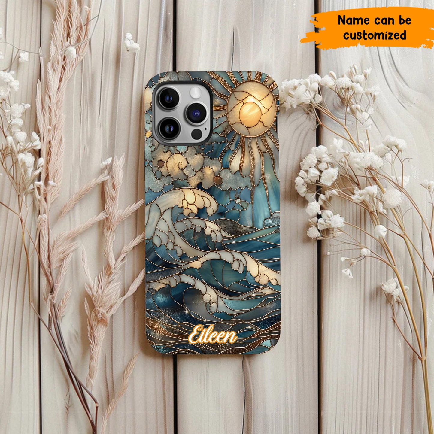 Personalized Ocean Waves & Sun Phone Case – Stained Glass Style