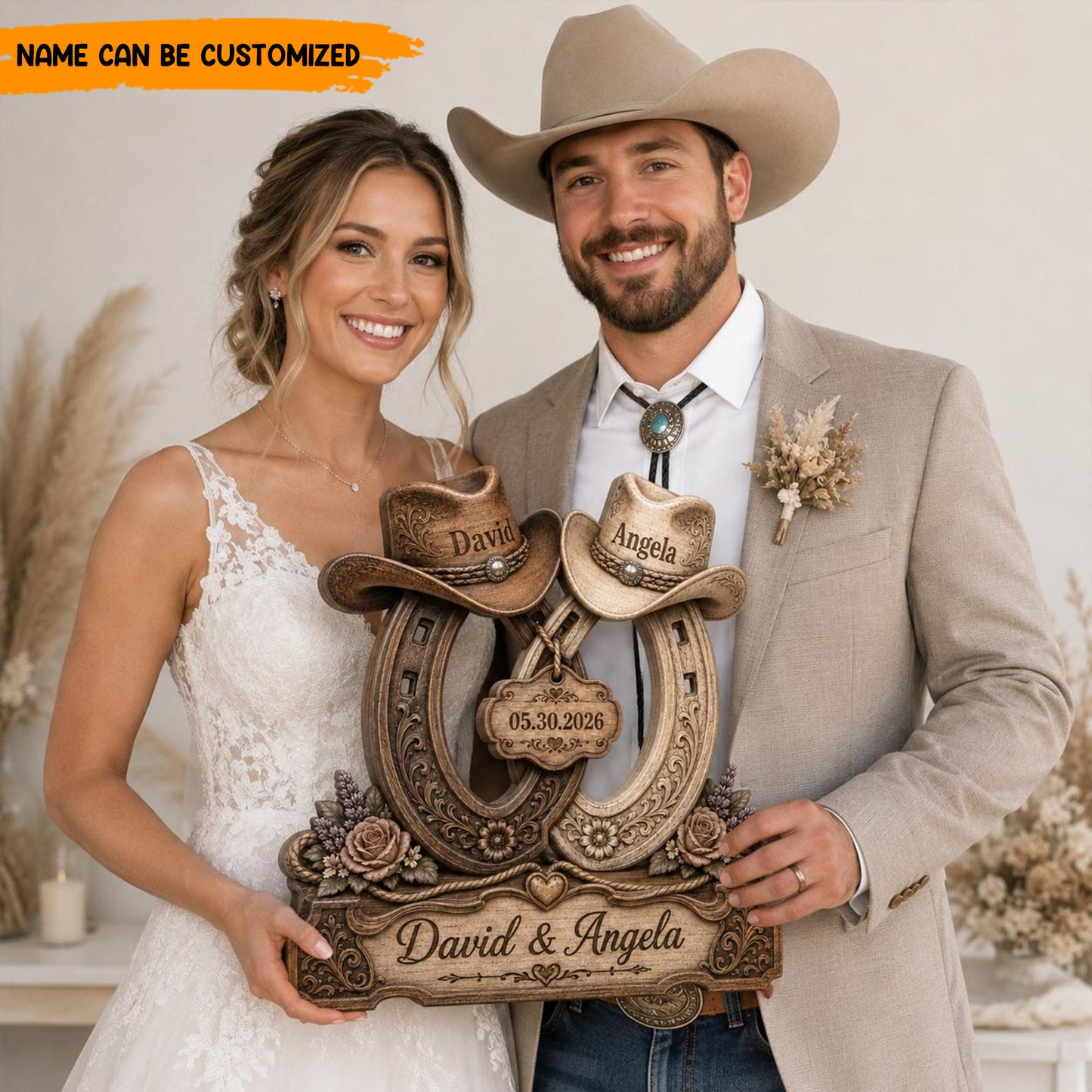 Personalized Western Wedding Horseshoe Wooden Block Sign - Cowboy & Cowgirl Couple Decor