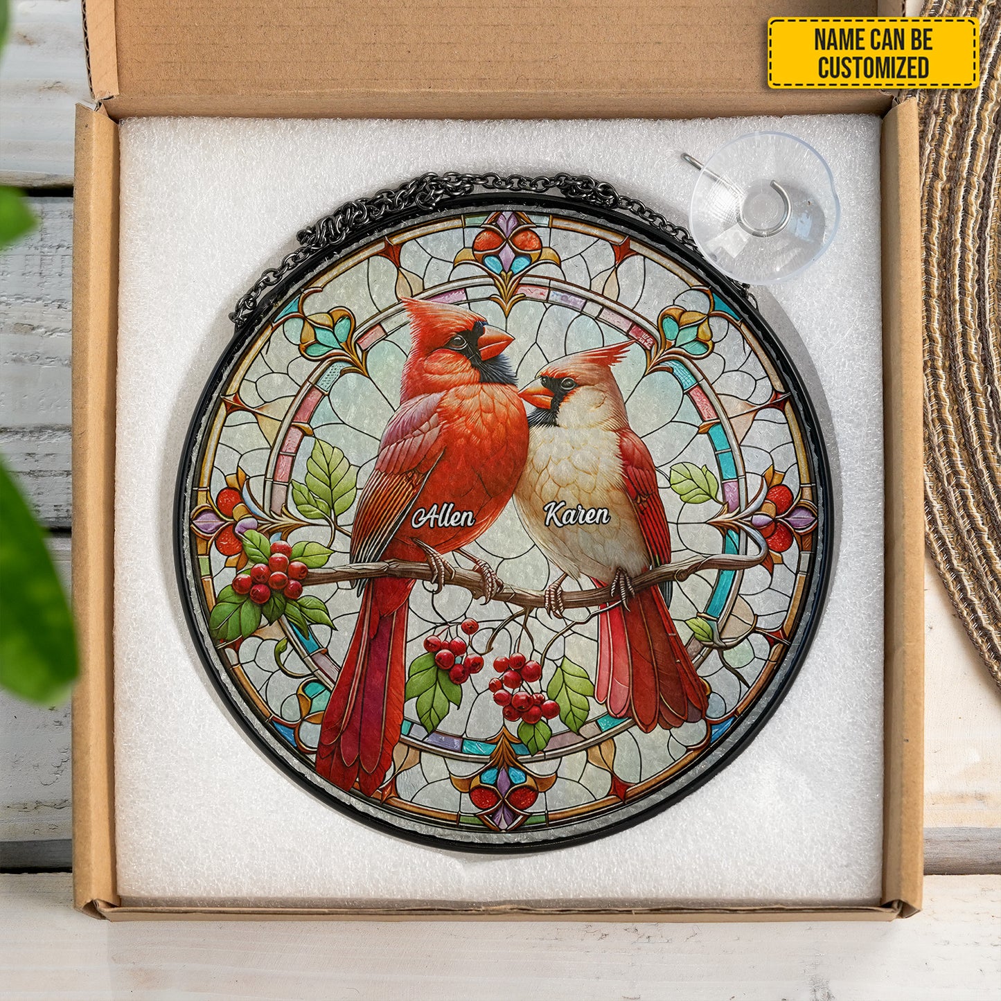 Personalized Cardinal Couple Stained Glass Suncatcher