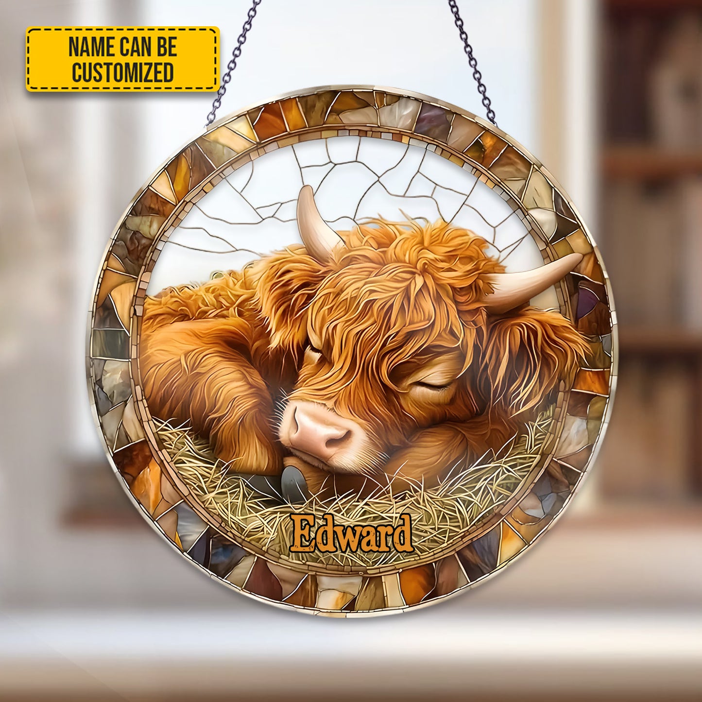 Personalized Sleeping Highland Cow Stained Glass Suncatcher