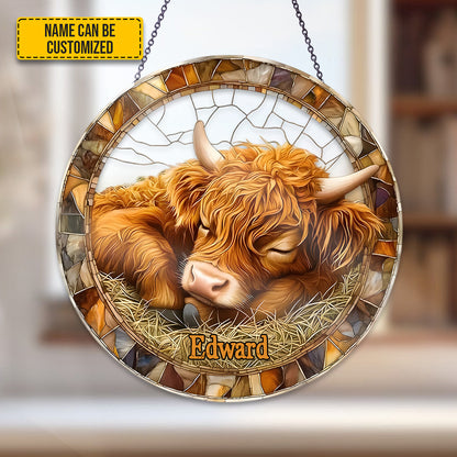 Personalized Sleeping Highland Cow Stained Glass Suncatcher