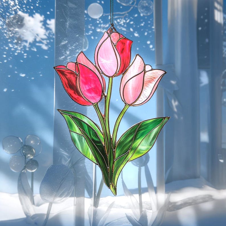 Pink Tulip Bouquet Suncatcher - Faux Stained Glass Window Hanging