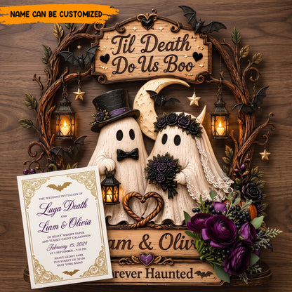 Til Death Do Us Boo Personalized Wooden Block Sign, Cute Ghost Couple Halloween Wedding Plaque