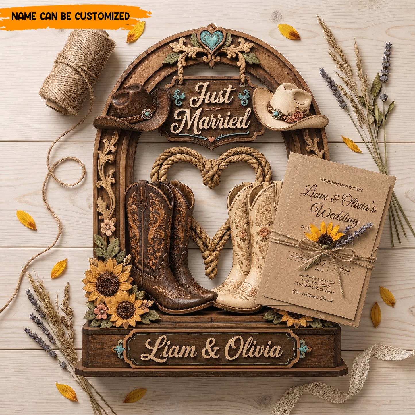 Personalized "Just Married" Country Wedding Wooden Sign - Cowboy Boot Wooden Block
