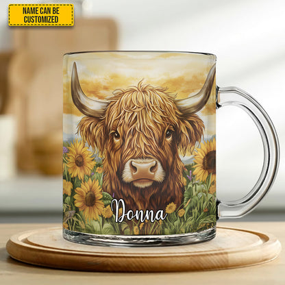 Cow With Sunflowers  - Personalized Cow Glass Mug