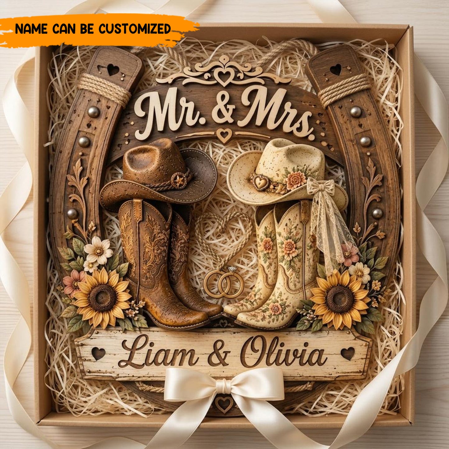 Personalized Cowboy & Cowgirl Wedding Wooden Sign, Custom Horseshoe Name Sign, Rustic Western Couples Gift