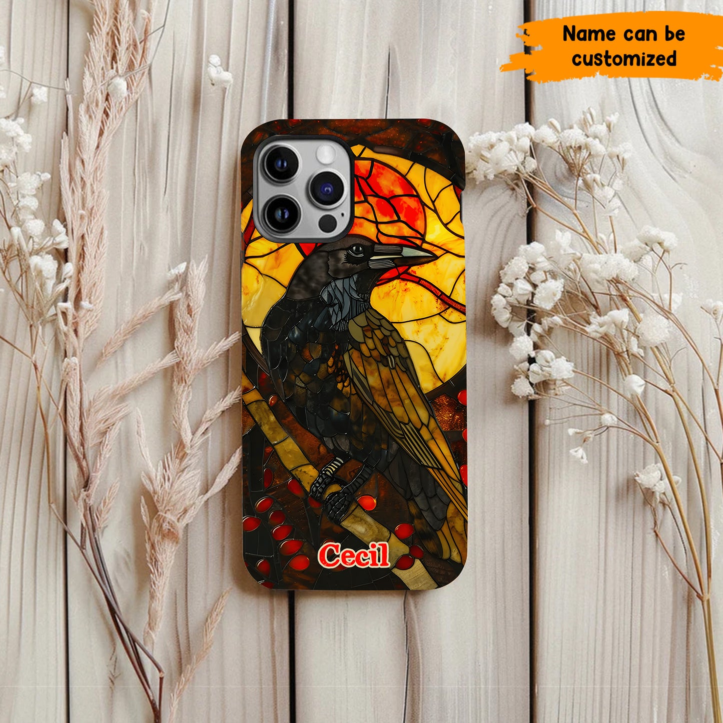 Personalized Stained Glass Raven Phone Case
