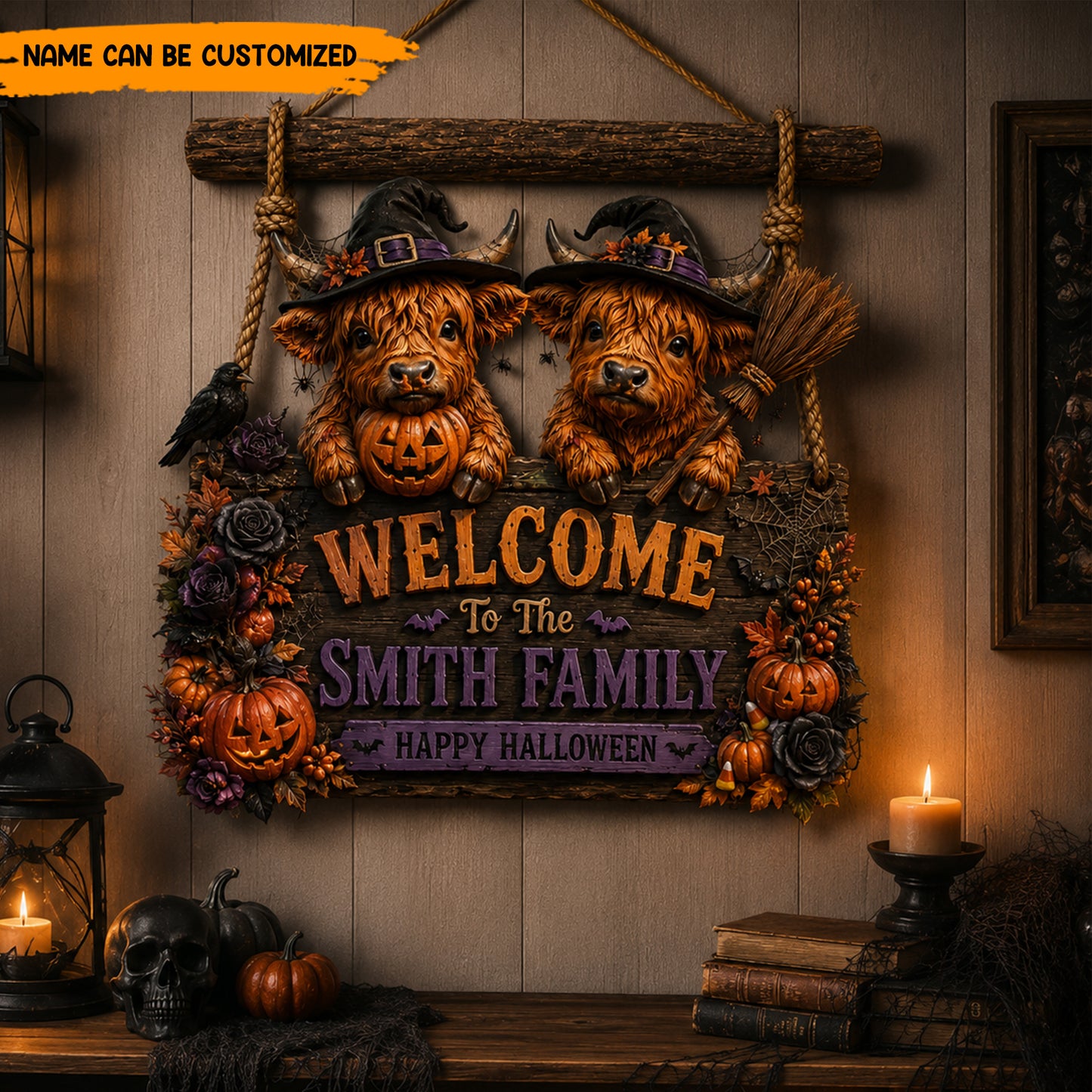 Personalized Highland Cow Halloween Wooden Sign