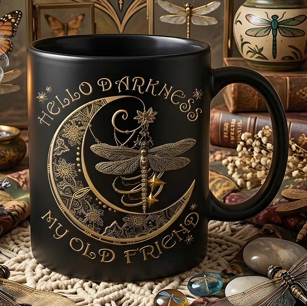 Hippie Dragonfly Crescent Moon Ceramic Black Mug