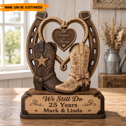 Personalized Western Cowboy Boots & Horseshoe Wooden Block - Forever & Always Anniversary Gift