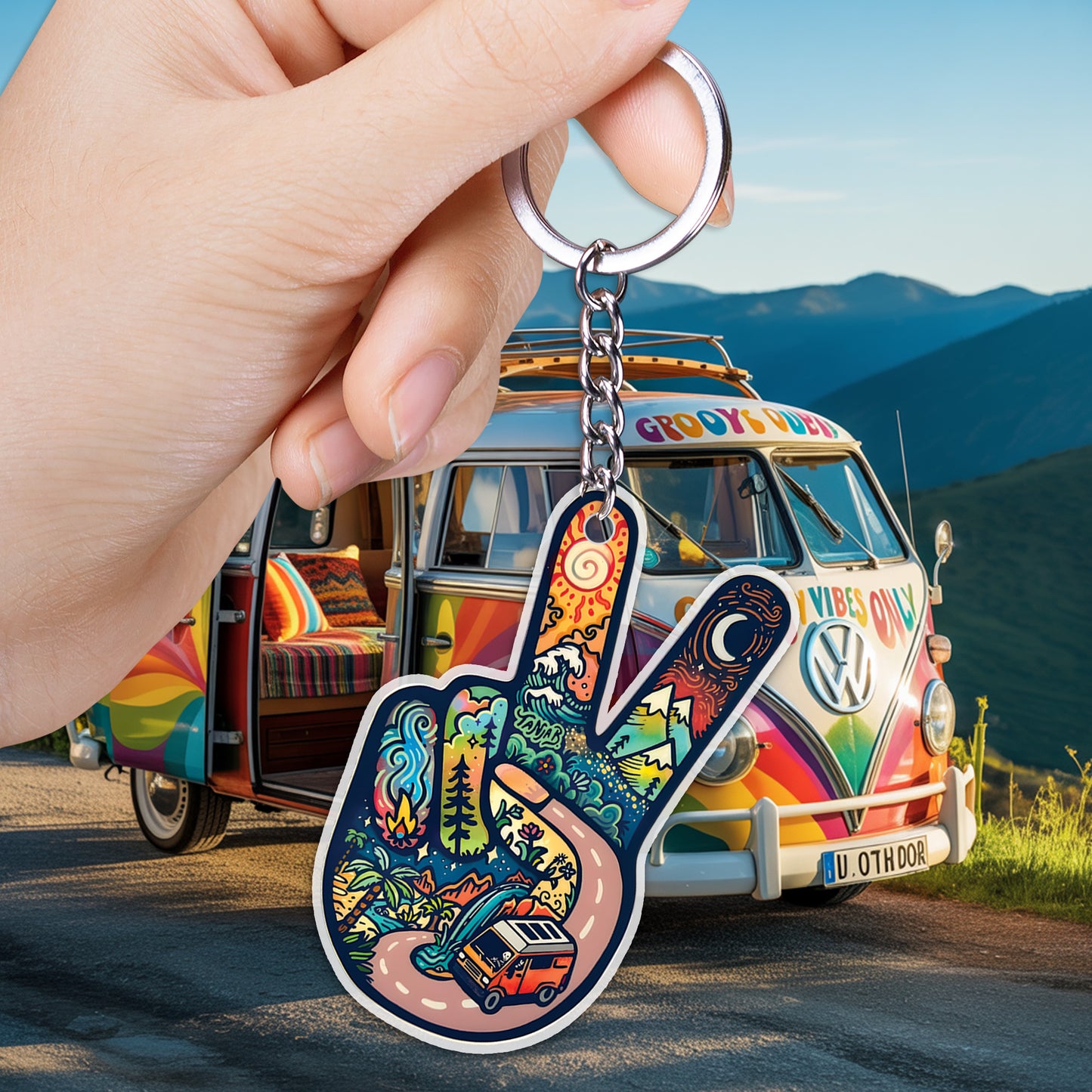 Peace & Love Retro Keychain