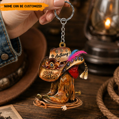 Personalized Cowgirl Boots And Hat Acrylic Keychain