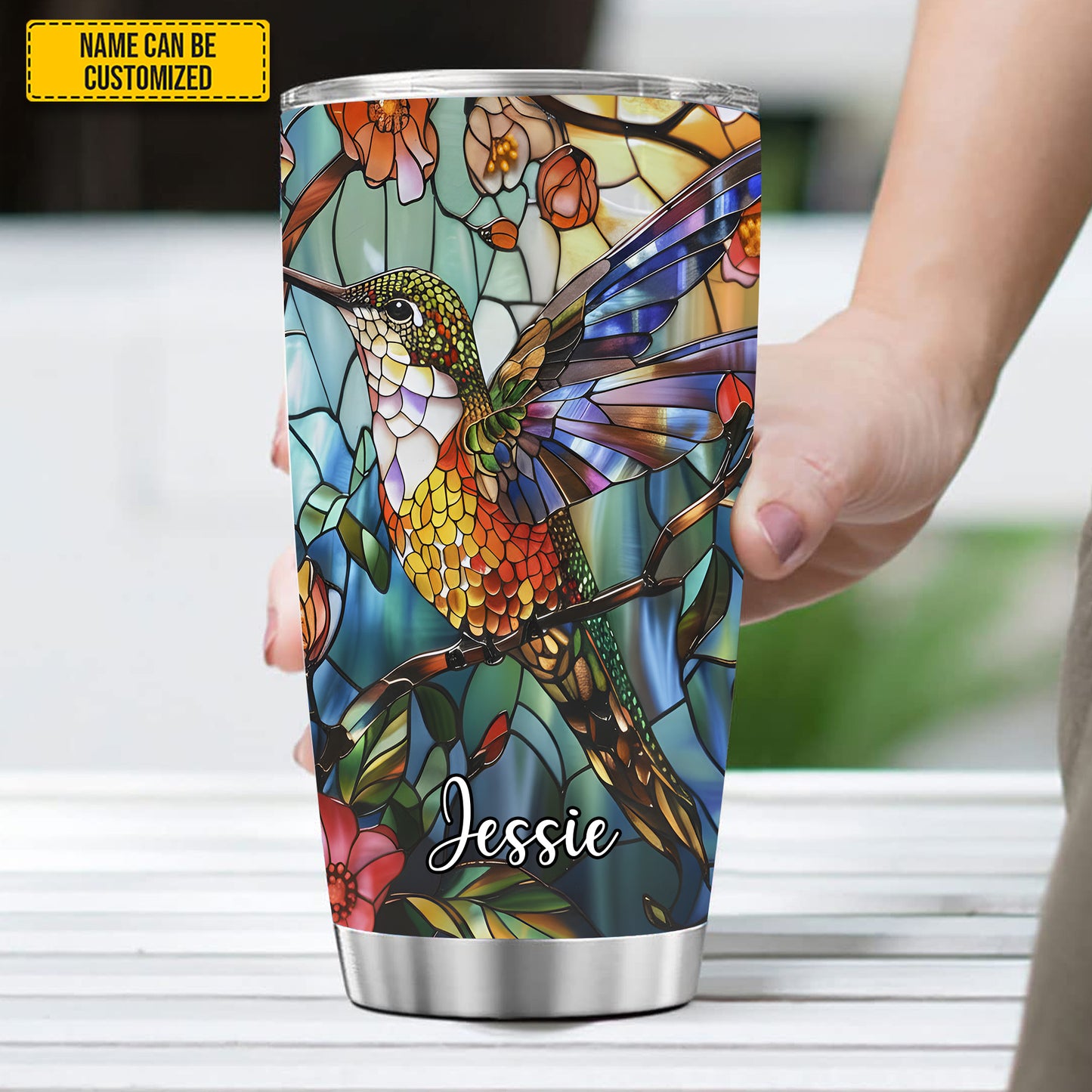 Personalized Stained Glass Hummingbird Flower Tumbler