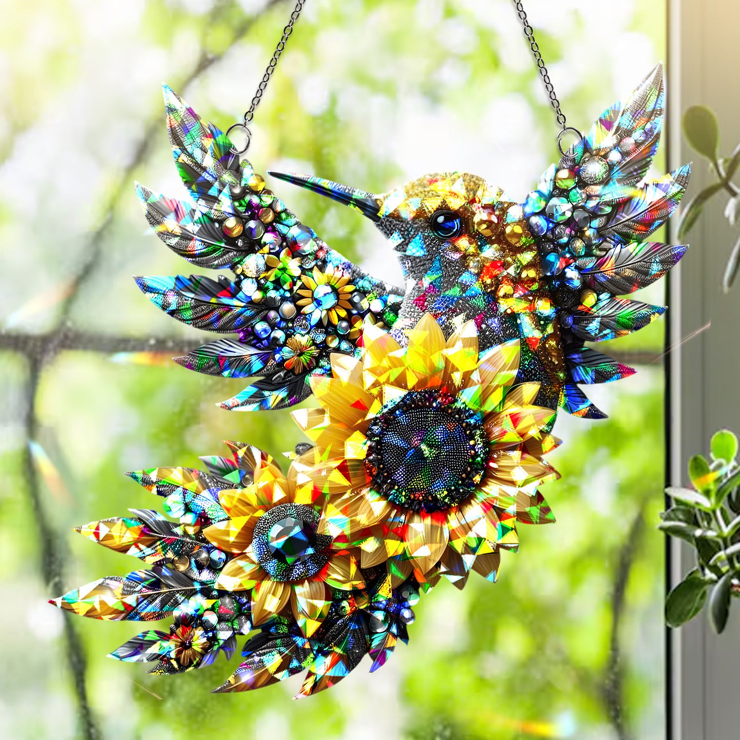 Hummingbird & Sunflower Hologram Suncatcher