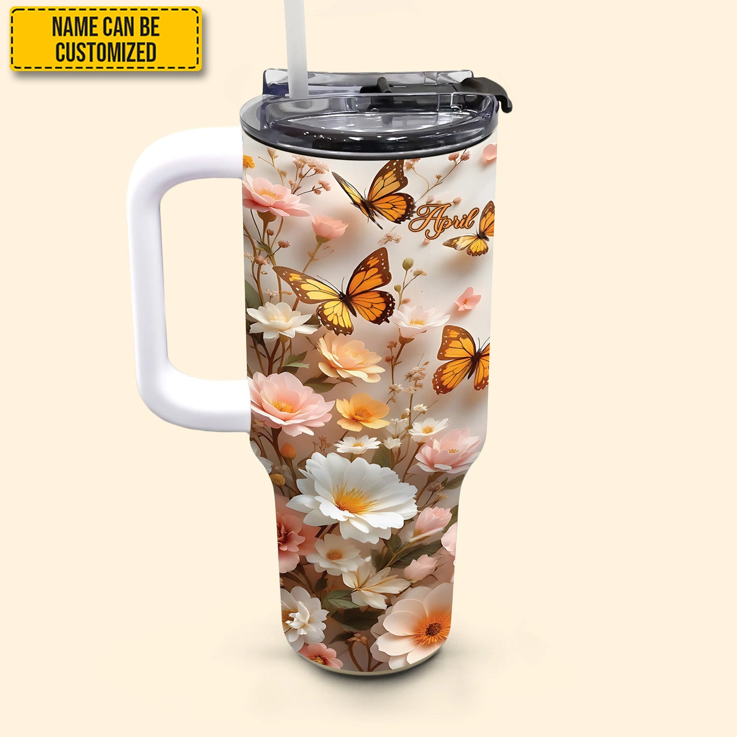 Flowers With Butterfly - Personalized Tumbler With Handle 40oz