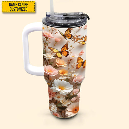 Flowers With Butterfly - Personalized Tumbler With Handle 40oz