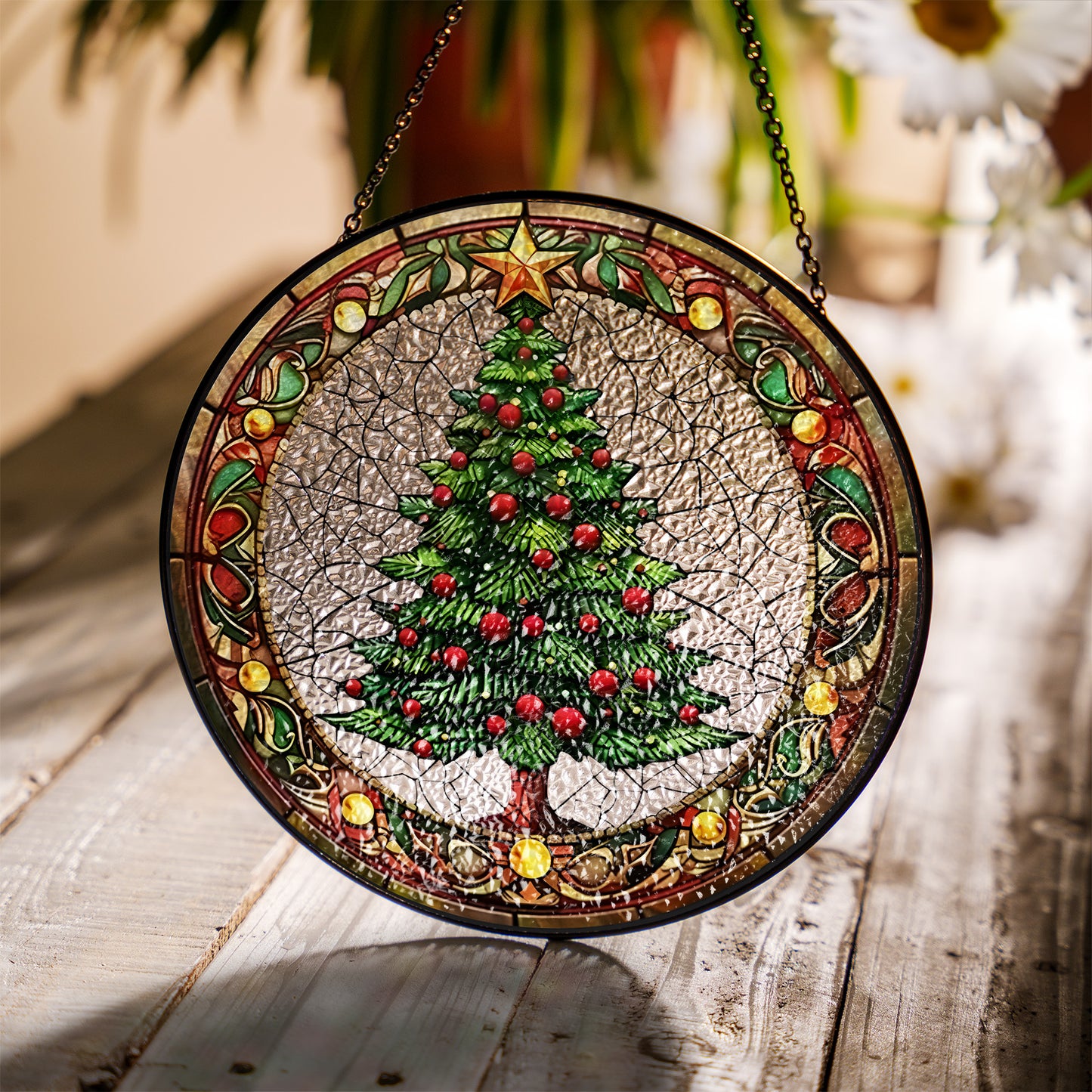 Christmas Tree & Candle Stained Glass Suncatcher