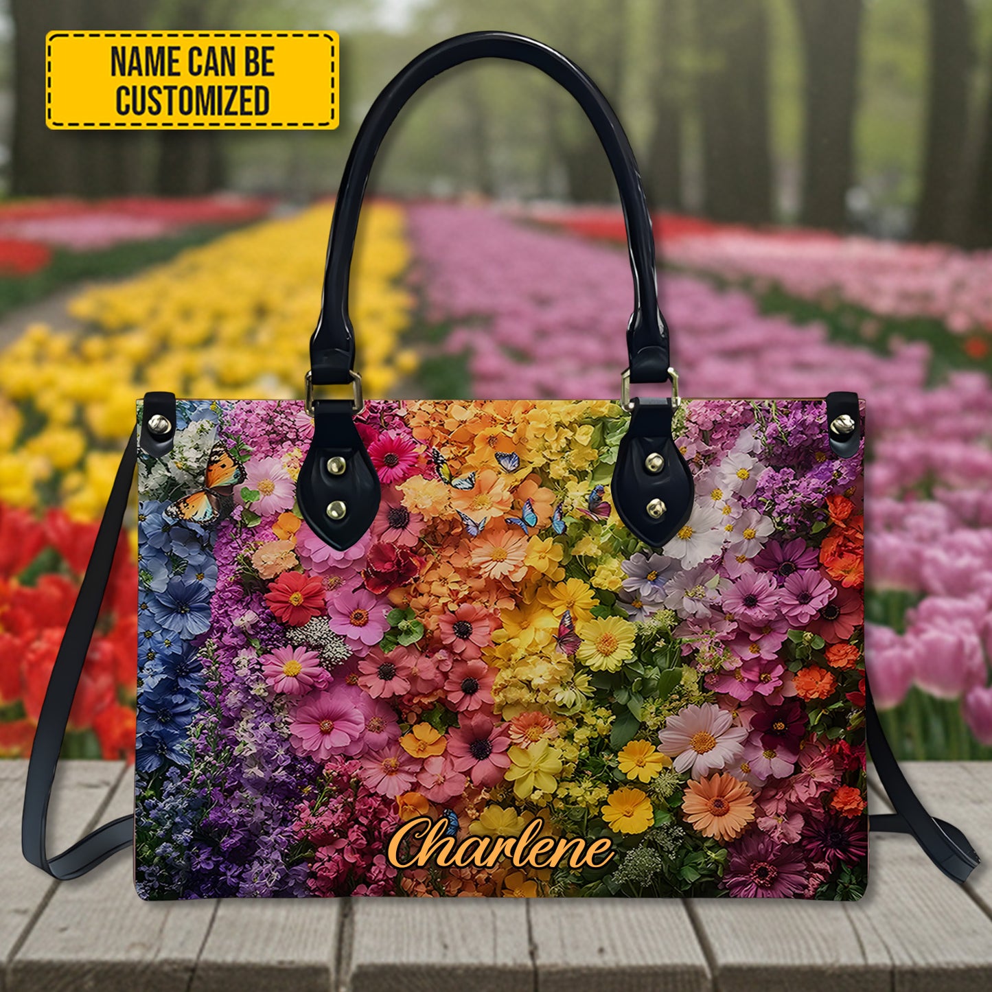 Personalized Rainbow Floral Leather Handbag
