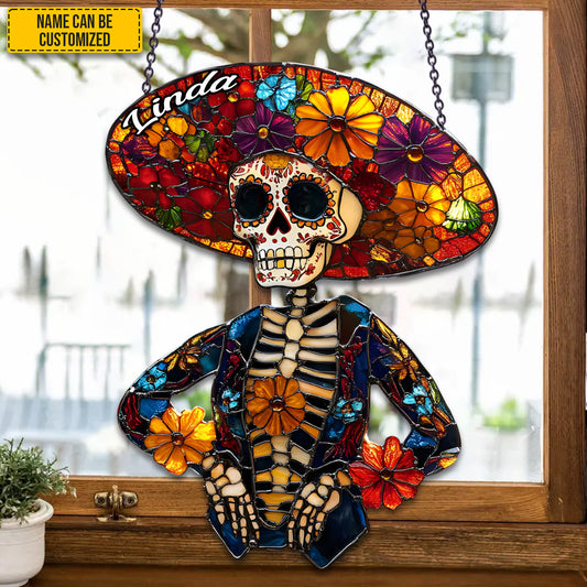 Day of the Dead - Personalized Stained Glass Skeleton Suncatcher